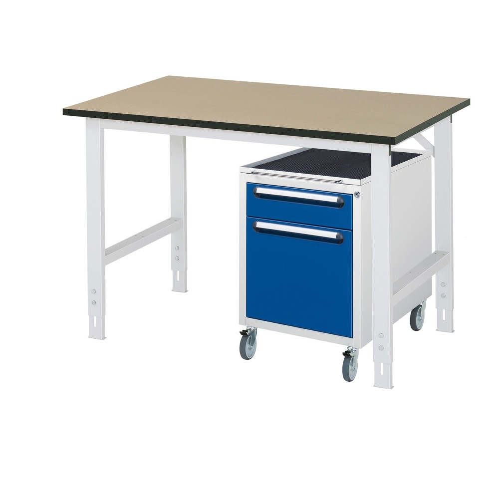Číslo obrázka výrobku 1: 2-dielna dielenská súprava TOM, s pracovným stolom, v × š × h 760 – 1 080 × 1 250 × 800 mm, pracovná doska z MDF, plus mobilný kontajner s 2 zásuv., v × š × h 690 × 480 × 600 mm