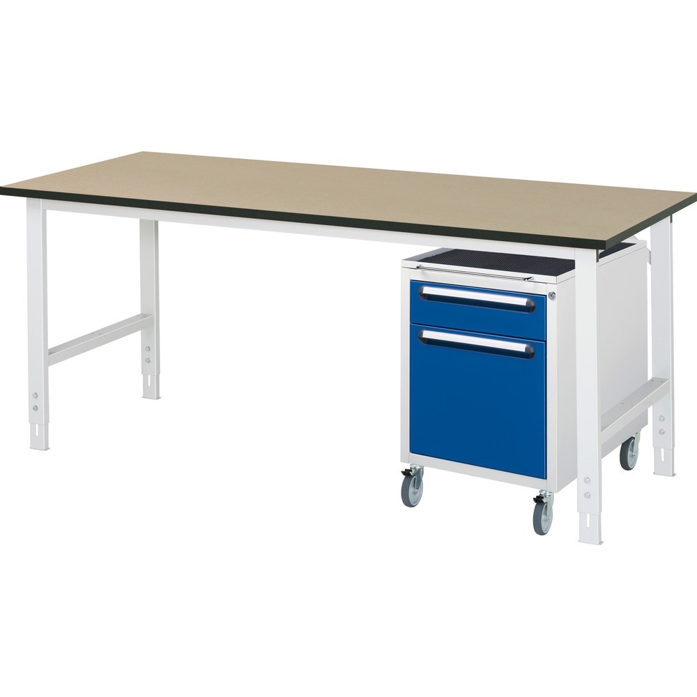 Číslo obrázka výrobku 1: 2-dielna dielenská súprava TOM, s pracovným stolom, v × š × h 760 – 1 080 × 2 500 × 800 mm, pracovná doska z MDF, plus mobilný kontajner s 2 zásuv., v × š × h 690 × 480 × 600 mm