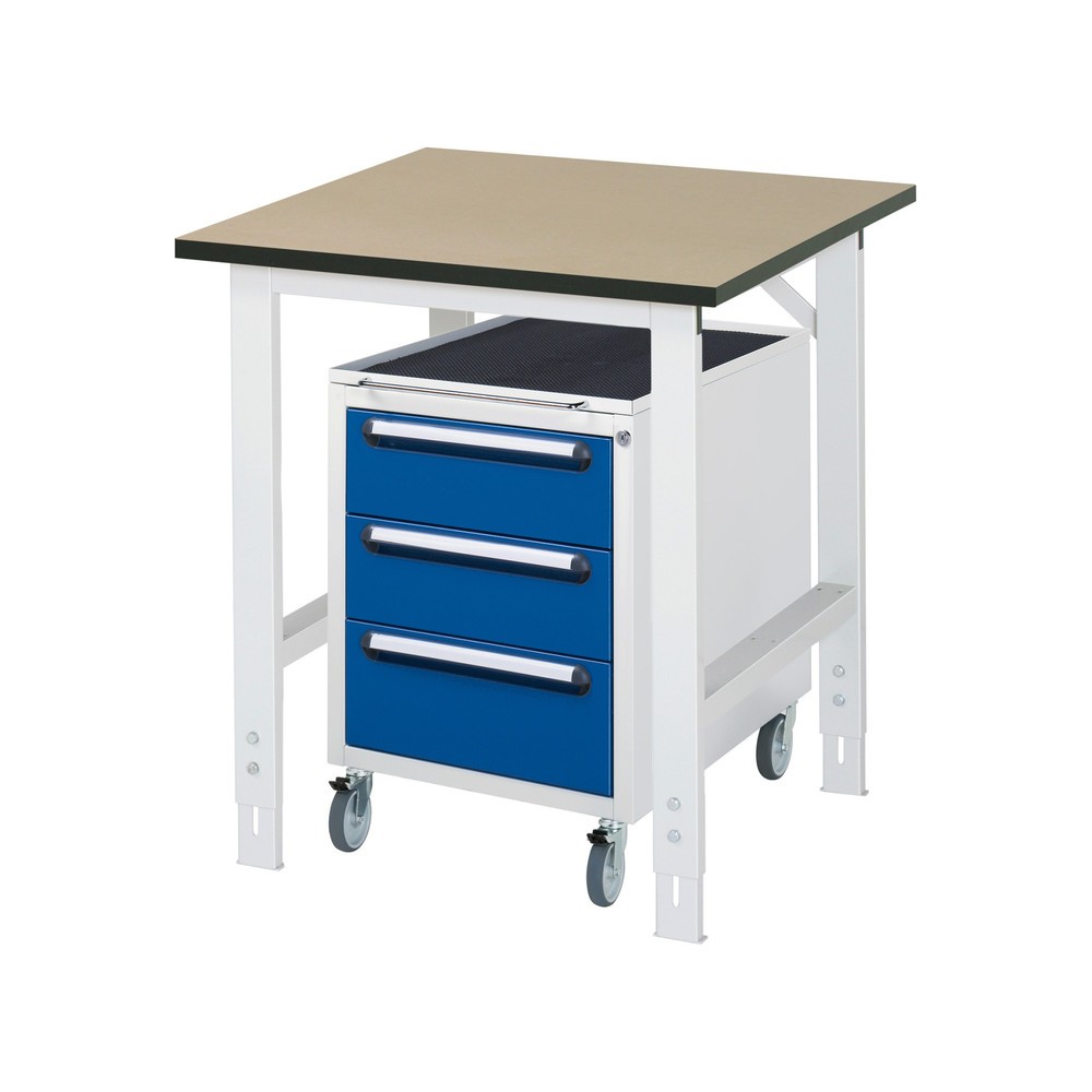 Číslo obrázka výrobku 1: 2-dielna dielenská súprava TOM, s pracovným stolom, v × š × h 760 – 1 080 × 750 × 800 mm, pracovná doska z MDF, plus mobilný kontajner s 3 zásuv., v × š × h 690 × 480 × 600 mm