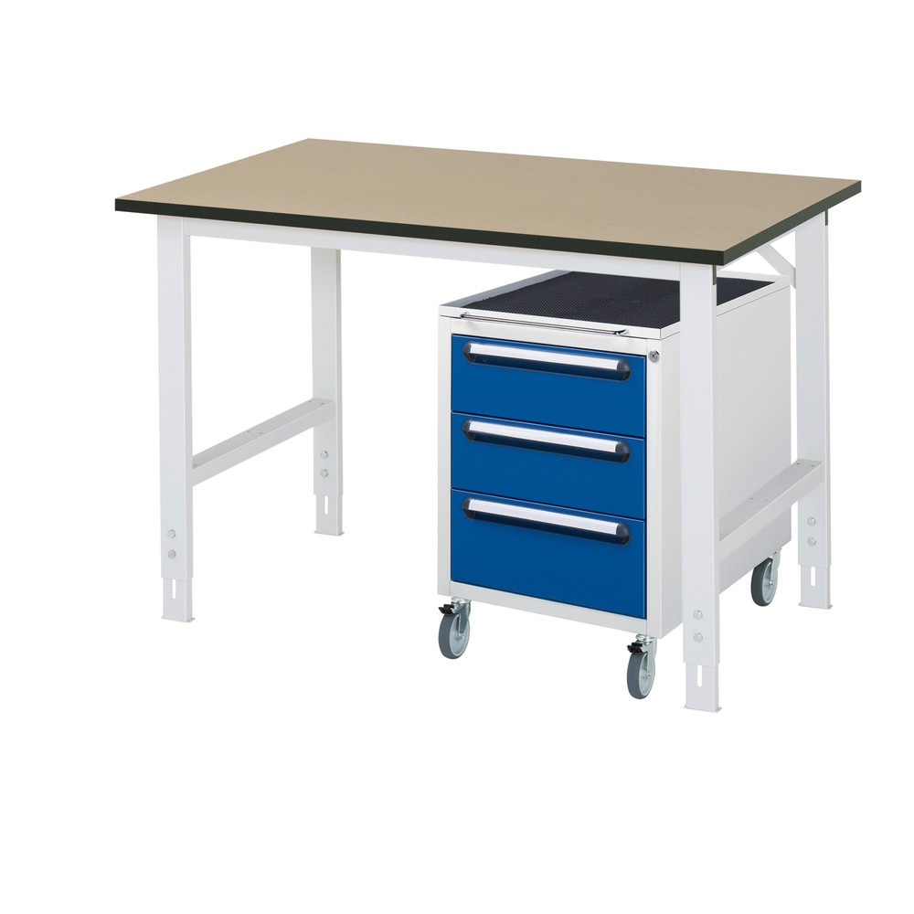 Číslo obrázka výrobku 1: 2-dielna dielenská súprava TOM, s pracovným stolom, v × š × h 760 – 1 080 × 1 250 × 800 mm, pracovná doska z MDF, plus mobilný kontajner s 3 zásuv., v × š × h 690 × 480 × 600 mm