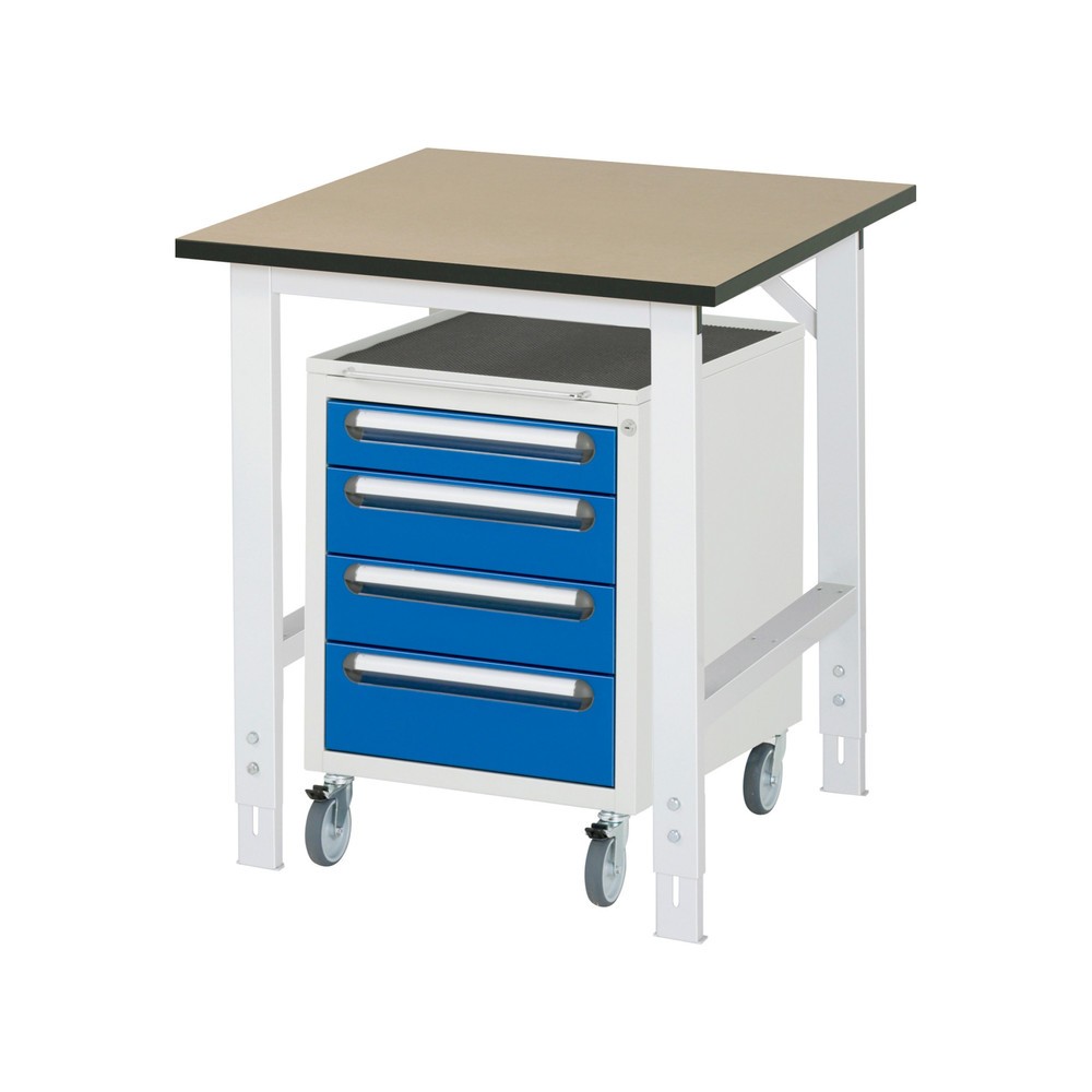 Číslo obrázka výrobku 1: 2-dielna dielenská súprava TOM, s pracovným stolom, v × š × h 760 – 1 080 × 750 × 800 mm, pracovná doska z MDF, plus mobilný kontajner s 3 zásuv., v × š × h 690 × 480 × 600 mm