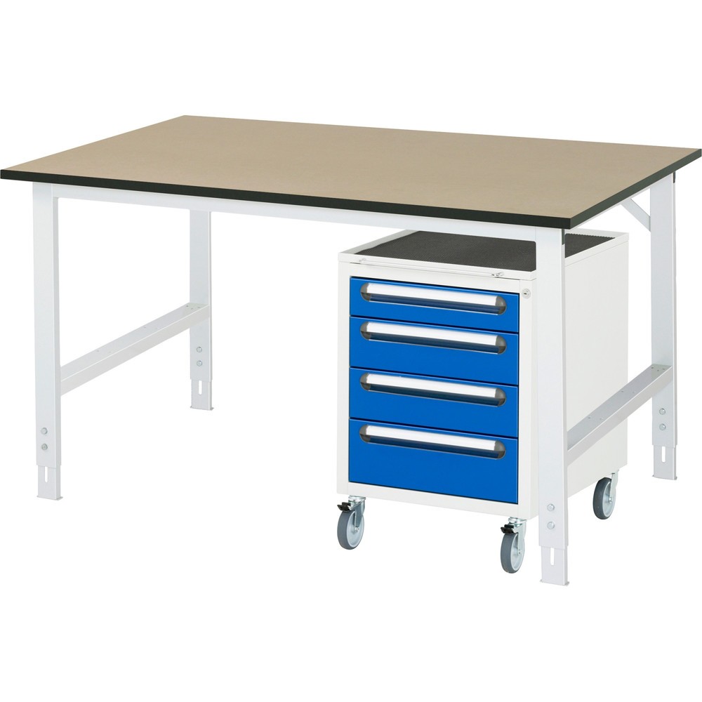 Číslo obrázka výrobku 1: 2-dielna dielenská súprava TOM, s pracovným stolom, v × š × h 760 – 1 080 × 1 500 × 800 mm, pracovná doska z MDF, plus mobilný kontajner s 3 zásuv., v × š × h 690 × 480 × 600 mm