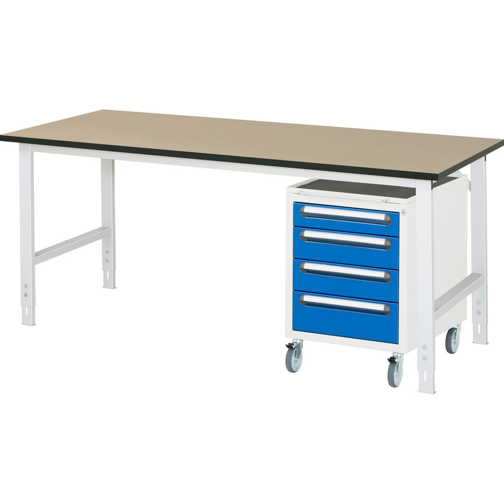 Číslo obrázka výrobku 1: 2-dielna dielenská súprava TOM, s pracovným stolom, v × š × h 760 – 1 080 × 2 500 × 800 mm, pracovná doska z MDF, plus mobilný kontajner s 3 zásuv., v × š × h 690 × 480 × 600 mm