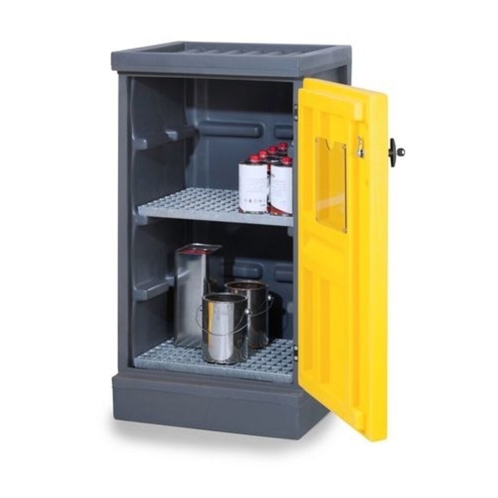 DENIOS chemická skriňa z PE, v × š × h 1 130 × 610 × 640 mm, 2 pozinkované mriežkované rošty Obrázok výrobku: DENIOS chemická skriňa z PE, v × š × h 1 130 × 610 × 640 mm, 2 pozinkované mriežkované rošty