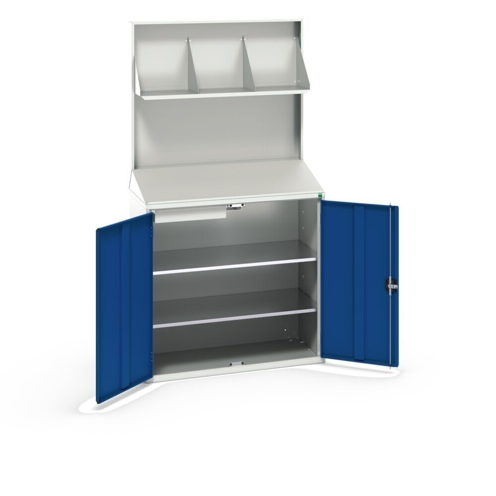 Číslo obrázka výrobku 2: Pult bott verso Economy s hladkou zadnou stenou, 2 police, 1 zásuvka, odkladacia plocha na spisy, š × h × v: 1 050 × 550 × 2 000 mm