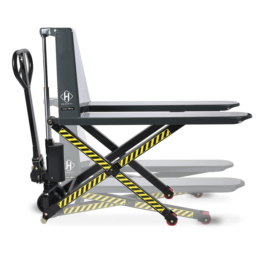 Nožnicový zdvíhací stôl HEMMDAL PTM 1.0 Scissor, nosnosť 1 000 kg, dĺžka vidlíc 1 150 mm, polyuretán, jednoduché koliesko Obrázok výrobku: Nožnicový zdvíhací stôl HEMMDAL PTM 1.0 Scissor, nosnosť 1 000 kg, dĺžka vidlíc 1 150 mm, polyuretán, jednoduché koliesko