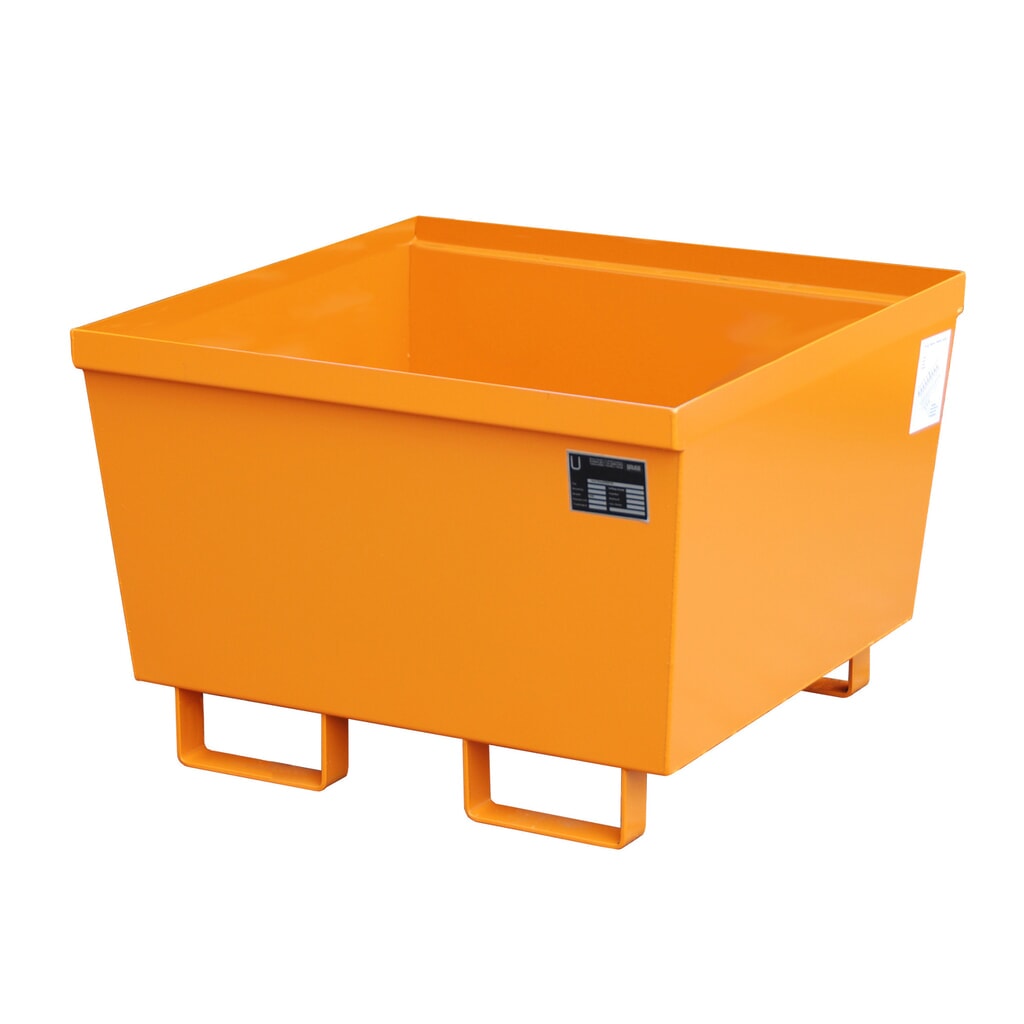 Bauer® záchytná vaňa z ocele, stohovateľná, v × š × h 545 × 800 × 800 mm, bez mriežkovaného roštu, žltooranžová Obrázok výrobku: Bauer® záchytná vaňa z ocele, stohovateľná, v × š × h 545 × 800 × 800 mm, bez mriežkovaného roštu, žltooranžová