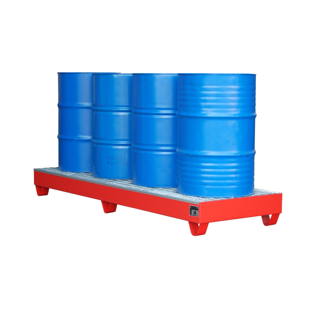 Bauer® záchytná vaňa z ocele, výška zasunutia 100 mm, v × š × h 250 × 2 400 × 800 mm, vrátane mriežkovaného roštu, pre 4 sudy s objemom 200 l, ohnivočervená Obrázok výrobku: Bauer® záchytná vaňa z ocele, výška zasunutia 100 mm, v × š × h 250 × 2 400 × 800 mm, vrátane mriežkovaného roštu, pre 4 sudy s objemom 200 l, ohnivočervená