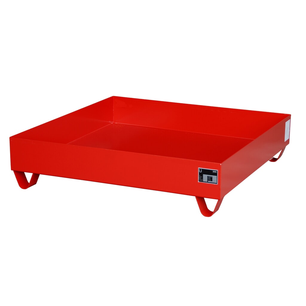 Obrázok výrobku: Bauer® záchytná vaňa z ocele, výška zasunutia 100 mm, v × š × h 285 × 1 200 × 1 200 mm, bez mriežkovaného roštu, pre 4 sudy s objemom 200 l, ohnivočervená