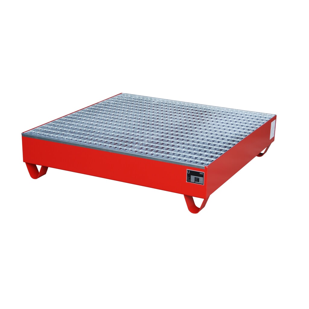 Obrázok výrobku: Bauer® záchytná vaňa z ocele, výška zasunutia 100 mm, v × š × h 285 × 1 200 × 1 200 mm, vrátane mriežkovaného roštu, pre 4 sudy s objemom 200 l, ohnivočervená