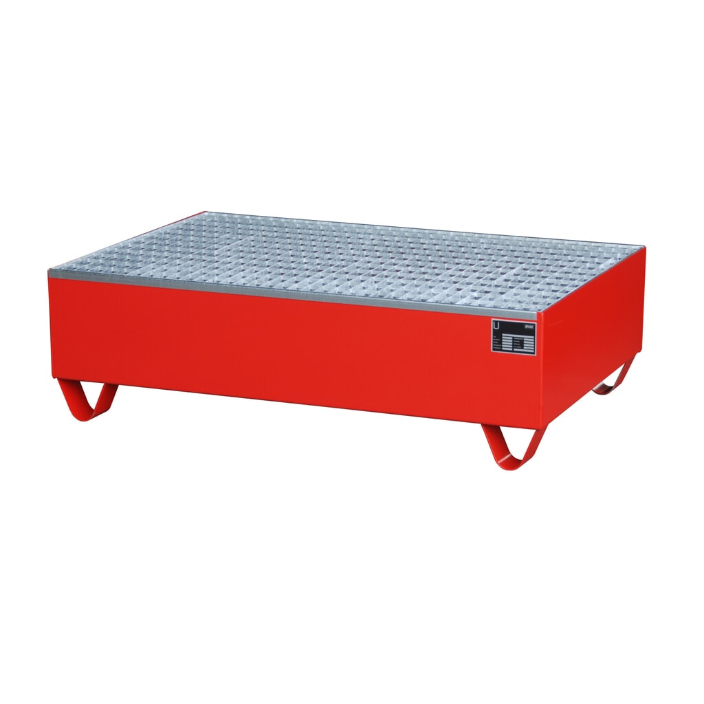 Obrázok výrobku: Bauer® záchytná vaňa z ocele, výška zasunutia 100 mm, v × š × h 360 × 1 200 × 800 mm, vrátane mriežkovaného roštu, pre 2 sudy s objemom 200 l, ohnivočervená