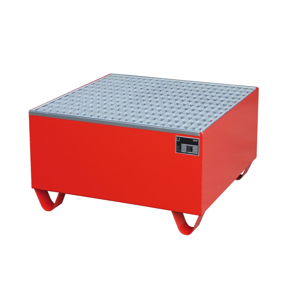Číslo obrázka výrobku 2: Bauer® záchytná vaňa z ocele, výška zasunutia 100 mm, v × š × h 465 × 800 × 800 mm, vrátane mriežkovaného roštu, pre 1 sud s objemom 200 l, ohnivočervená