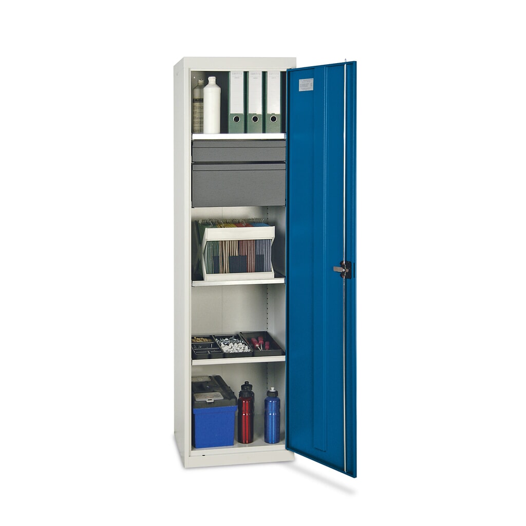 Dielenská skriňa s krídlovými dverami stumpf® s 2 zásuvkami + 3 vaňami, V x Š x H 1 800 x 500 x 500 mm, svetlosivá Obrázok výrobku: Dielenská skriňa s krídlovými dverami stumpf® s 2 zásuvkami + 3 vaňami, V x Š x H 1 800 x 500 x 500 mm, svetlosivá
