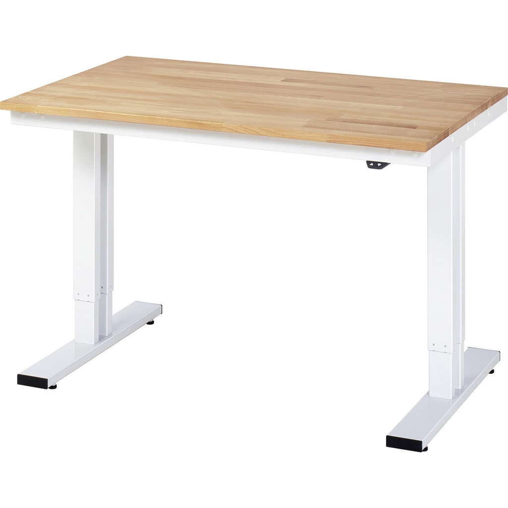 Obrázok výrobku: Elektricky výškovo nastaviteľný pracovný stôl RAU série adlatus 300, v × š × h 720 – 1 120 × 1 250 × 800 mm, pracovná doska z bukového masívu