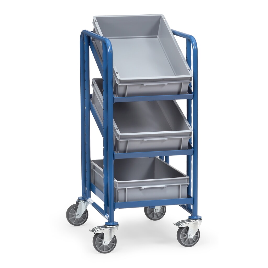 Etážový vozík na europrepravky fetra® , s prepravkami, nosnosť 250 kg, 3 políc s rozmermi 410 × 610 mm Obrázok výrobku: Etážový vozík na europrepravky fetra® , s prepravkami, nosnosť 250 kg, 3 políc s rozmermi 410 × 610 mm