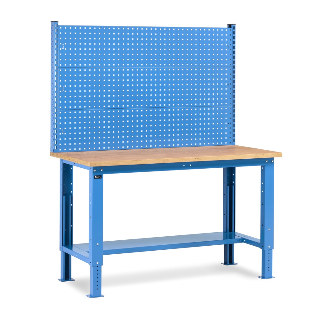 Fami pracovný stôl, výškovo nastaviteľný a s multifunkčnou stenou, nosnosť 1 000 kg, V x Š x H 740-1,110 x 1 500 x 750 mm, RAL 5012 svetlomodrá Obrázok výrobku: Fami pracovný stôl, výškovo nastaviteľný a s multifunkčnou stenou, nosnosť 1 000 kg, V x Š x H 740-1,110 x 1 500 x 750 mm, RAL 5012 svetlomodrá