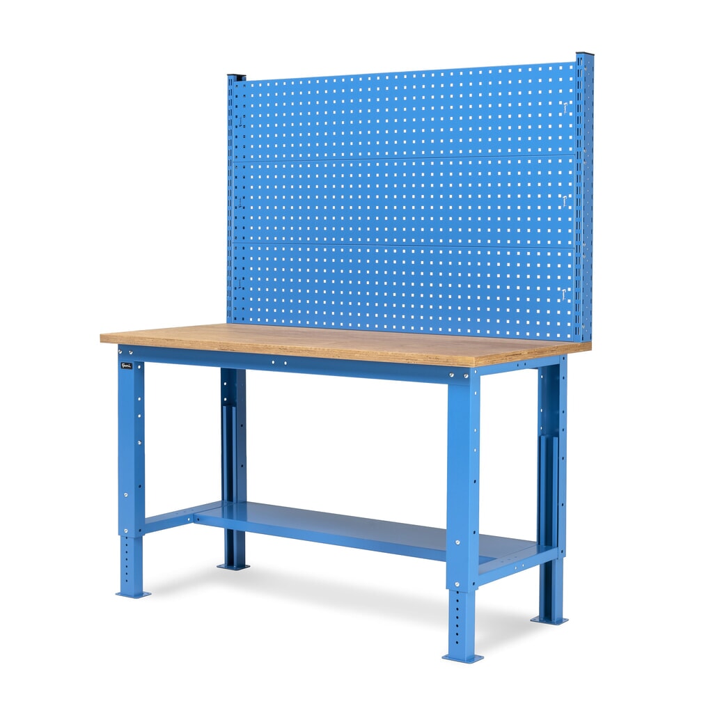 Fami pracovný stôl, výškovo nastaviteľný a s multifunkčnou stenou, nosnosť 1 000 kg, V x Š x H 740-1,110 x 1 500 x 750 mm, RAL 5012 svetlomodrá Číslo obrázka výrobku 4: Fami pracovný stôl, výškovo nastaviteľný a s multifunkčnou stenou, nosnosť 1 000 kg, V x Š x H 740-1,110 x 1 500 x 750 mm, RAL 5012 svetlomodrá