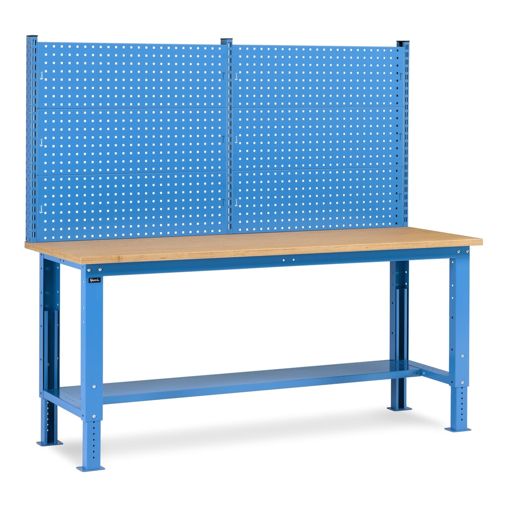 Fami pracovný stôl, výškovo nastaviteľný a s multifunkčnou stenou, nosnosť 1 000 kg, V x Š x H 740-1,110 x 2 000 x 750 mm, RAL 5012 svetlomodrá Obrázok výrobku: Fami pracovný stôl, výškovo nastaviteľný a s multifunkčnou stenou, nosnosť 1 000 kg, V x Š x H 740-1,110 x 2 000 x 750 mm, RAL 5012 svetlomodrá