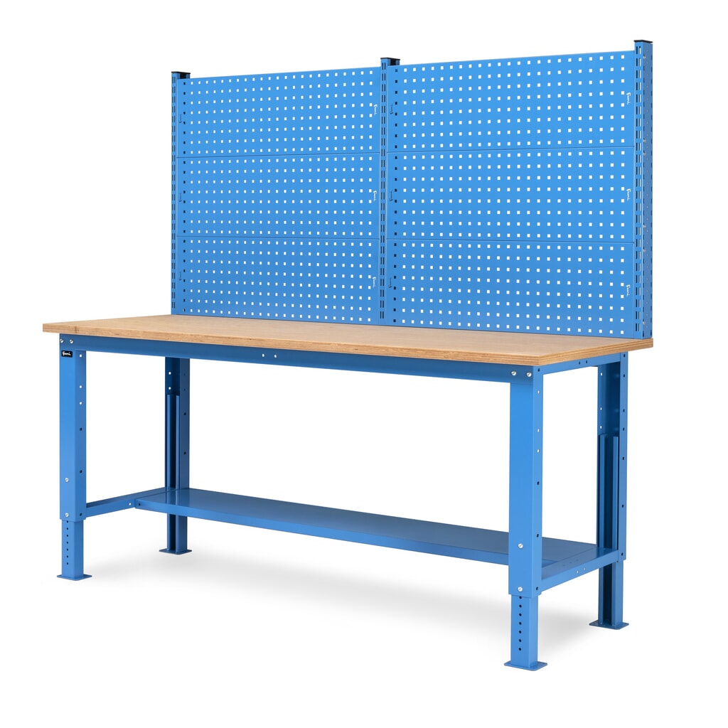 Fami pracovný stôl, výškovo nastaviteľný a s multifunkčnou stenou, nosnosť 1 000 kg, V x Š x H 740-1,110 x 2 000 x 750 mm, RAL 5012 svetlomodrá Číslo obrázka výrobku 4: Fami pracovný stôl, výškovo nastaviteľný a s multifunkčnou stenou, nosnosť 1 000 kg, V x Š x H 740-1,110 x 2 000 x 750 mm, RAL 5012 svetlomodrá