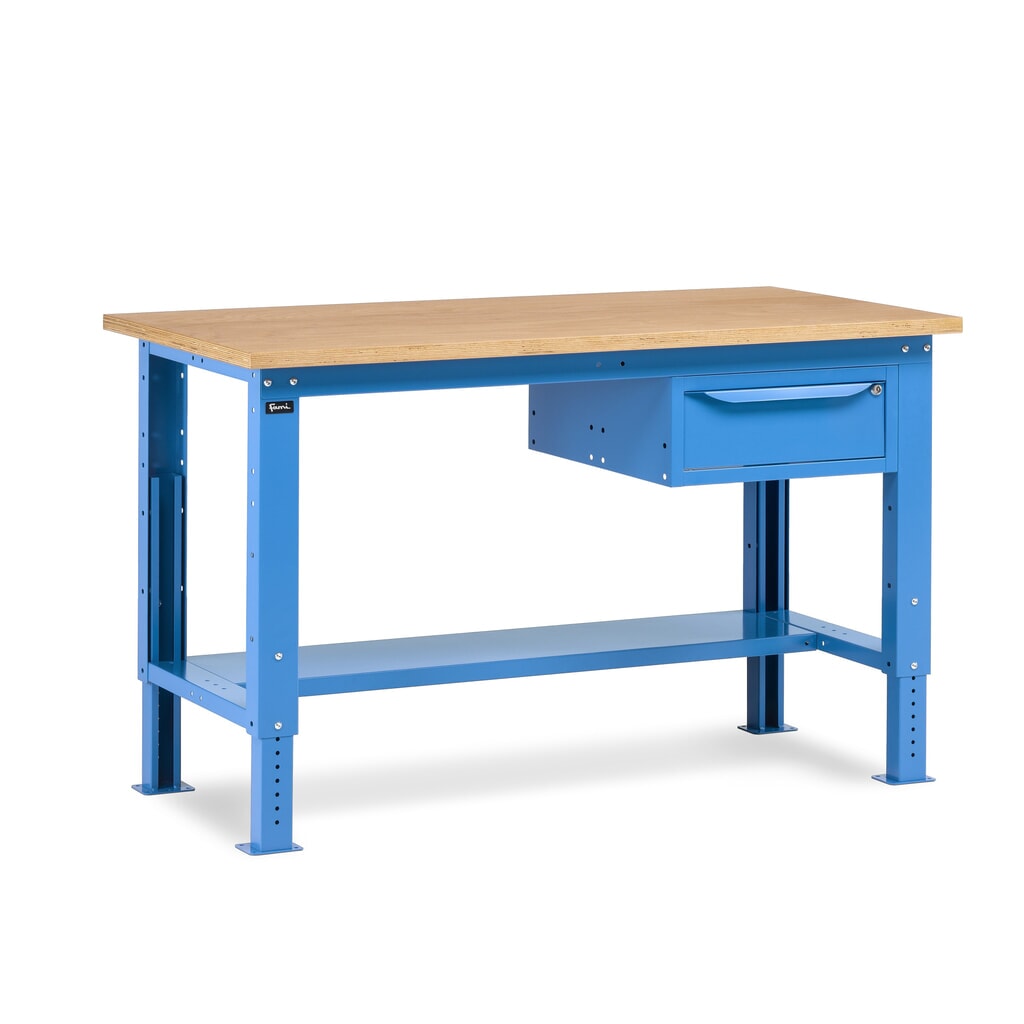 Fami pracovný stôl, výškovo nastaviteľná a 1 zásuvka, nosnosť 1 000 kg, V x Š x H 740-1,110 x 1 500 x 750 mm, RAL 5012 svetlomodrá Číslo obrázka výrobku 1: Fami pracovný stôl, výškovo nastaviteľná a 1 zásuvka, nosnosť 1 000 kg, V x Š x H 740-1,110 x 1 500 x 750 mm, RAL 5012 svetlomodrá