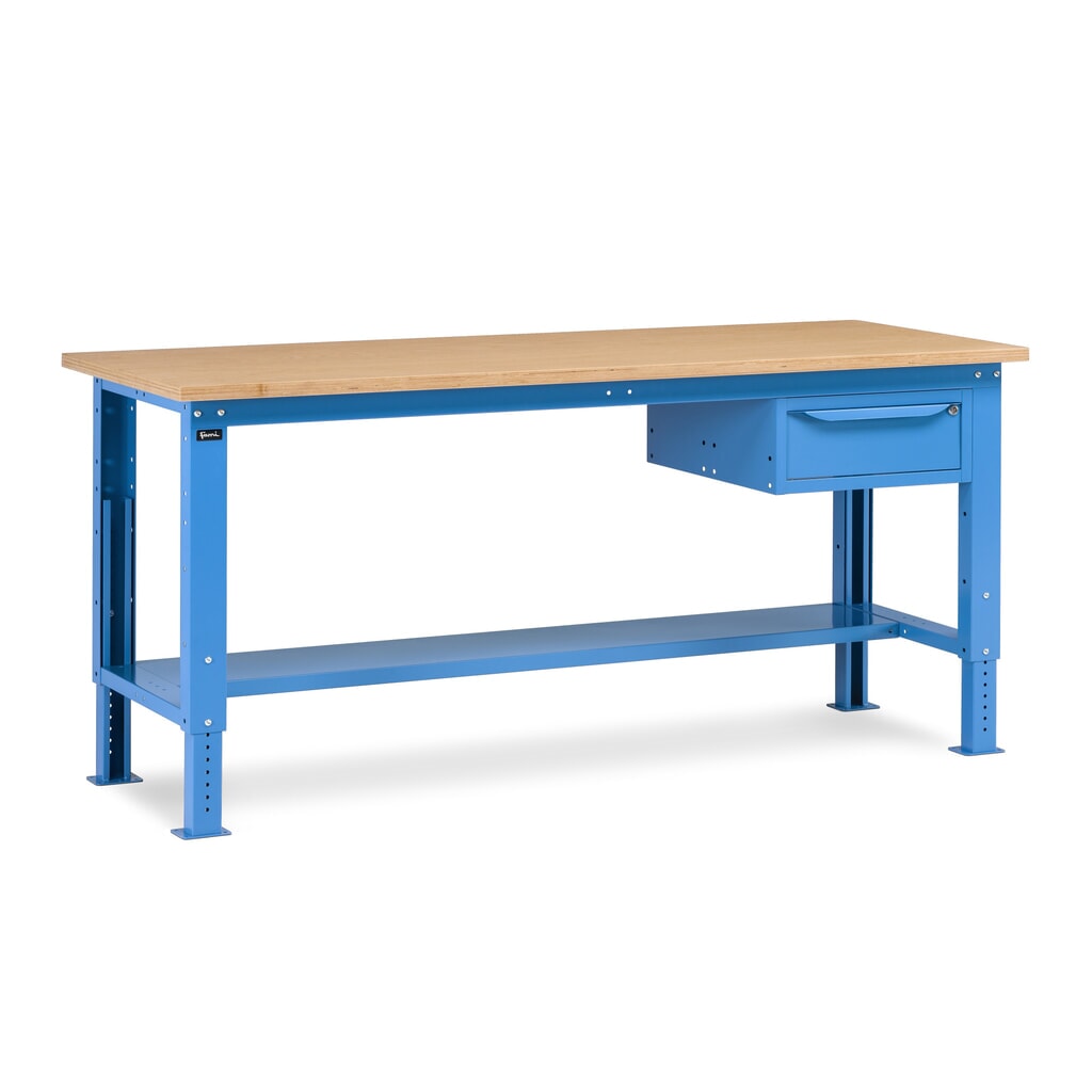 Fami pracovný stôl, výškovo nastaviteľná a 1 zásuvka, nosnosť 1 000 kg, V x Š x H 740-1,110 x 2 000 x 750 mm, RAL 5012 svetlomodrá Obrázok výrobku: Fami pracovný stôl, výškovo nastaviteľná a 1 zásuvka, nosnosť 1 000 kg, V x Š x H 740-1,110 x 2 000 x 750 mm, RAL 5012 svetlomodrá