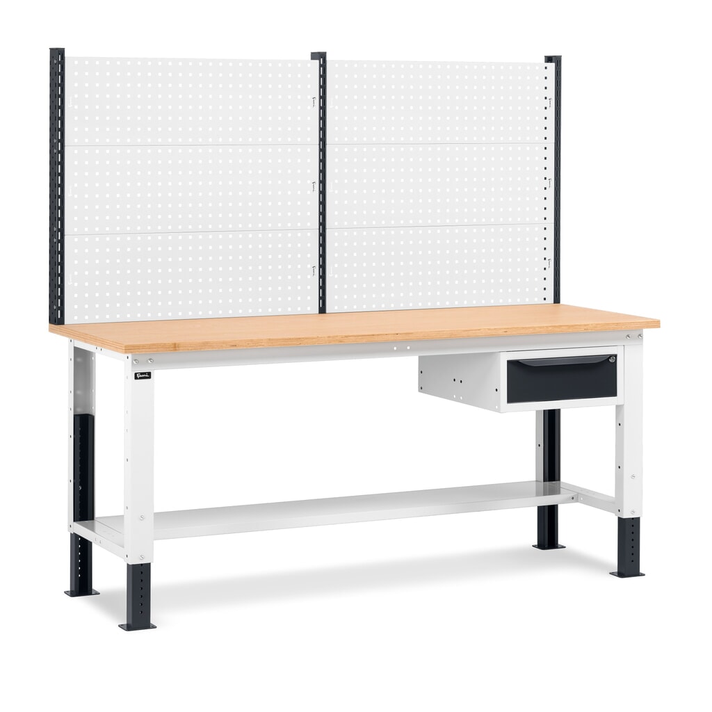 Fami pracovný stôl, výškovo nastaviteľný, s multifunkčnou stenou a 1 zásuvkou, nosnosť 1 000 kg, V x Š x H 740-1,110 x 2 000 x 750 mm, RAL 7035 svetlošedá/RAL 7016 antracitové Obrázok výrobku: Fami pracovný stôl, výškovo nastaviteľný, s multifunkčnou stenou a 1 zásuvkou, nosnosť 1 000 kg, V x Š x H 740-1,110 x 2 000 x 750 mm, RAL 7035 svetlošedá/RAL 7016 antracitové