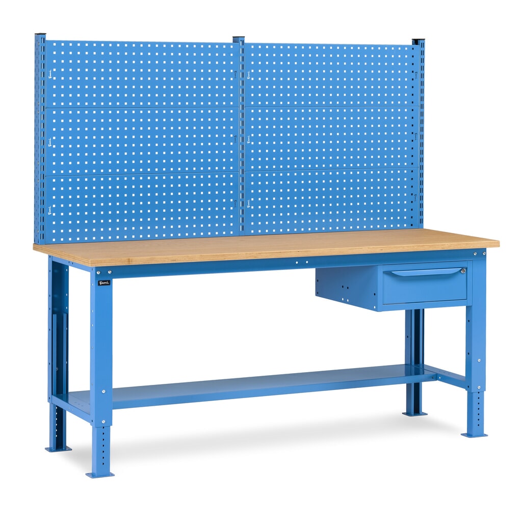 Fami pracovný stôl, výškovo nastaviteľný, s multifunkčnou stenou a 1 zásuvkou, nosnosť 1 000 kg, V x Š x H 740-1,110 x 2 000 x 750 mm, RAL 5012 svetlomodrá Obrázok výrobku: Fami pracovný stôl, výškovo nastaviteľný, s multifunkčnou stenou a 1 zásuvkou, nosnosť 1 000 kg, V x Š x H 740-1,110 x 2 000 x 750 mm, RAL 5012 svetlomodrá