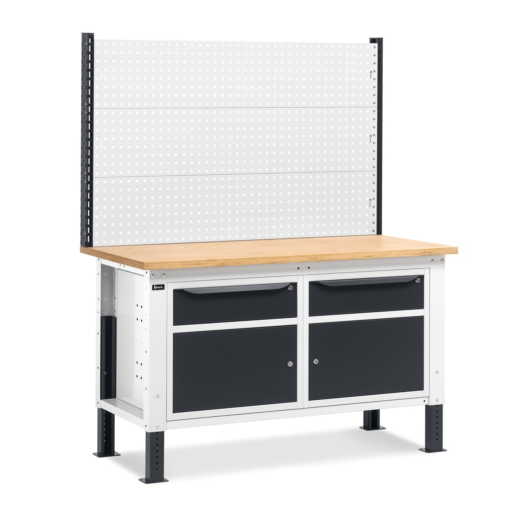 Fami pracovný stôl, výškovo nastaviteľný, s multifunkčnou stenou, 2 zásuvky a 2 skrinky, nosnosť 1 000 kg, V x Š x H 740-1,110 x 1 500 x 750 mm, RAL 7035 svetlošedá/RAL 7016 antracitové Obrázok výrobku: Fami pracovný stôl, výškovo nastaviteľný, s multifunkčnou stenou, 2 zásuvky a 2 skrinky, nosnosť 1 000 kg, V x Š x H 740-1,110 x 1 500 x 750 mm, RAL 7035 svetlošedá/RAL 7016 antracitové