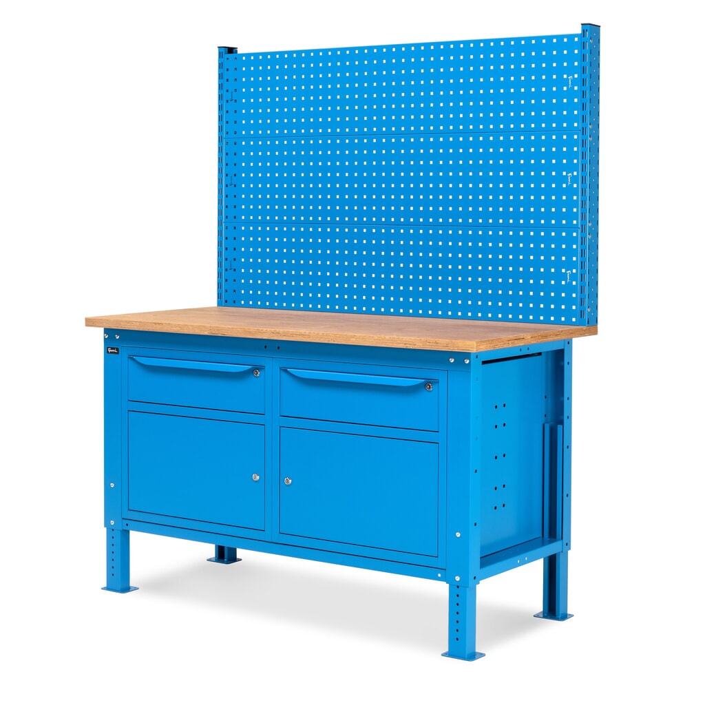 Fami pracovný stôl, výškovo nastaviteľný, s multifunkčnou stenou, 2 zásuvky a 2 skrine, nosnosť 1 000 kg, V x Š x H 740-1,110 x 1 500 x 750 mm, RAL 5012 svetlomodrá Číslo obrázka výrobku 4: Fami pracovný stôl, výškovo nastaviteľný, s multifunkčnou stenou, 2 zásuvky a 2 skrine, nosnosť 1 000 kg, V x Š x H 740-1,110 x 1 500 x 750 mm, RAL 5012 svetlomodrá