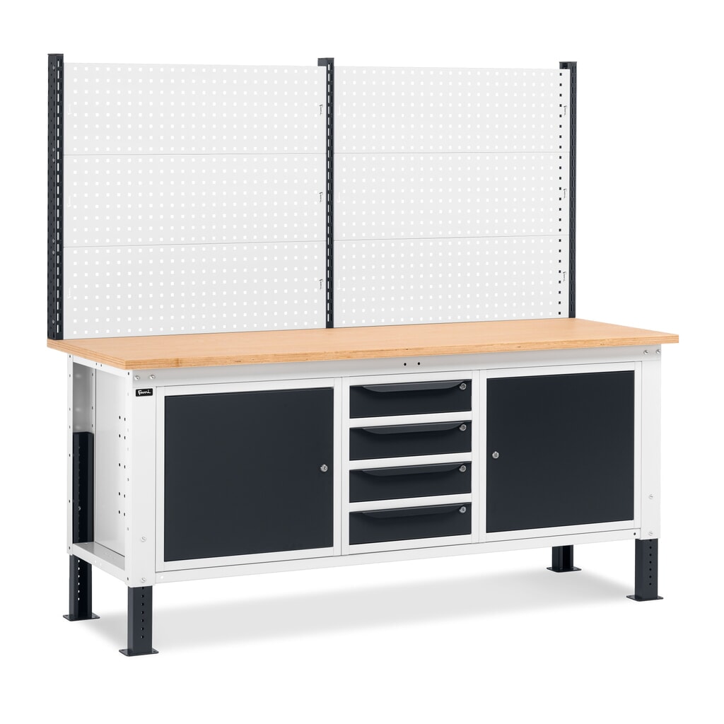 Fami pracovný stôl, výškovo nastaviteľná, s multifunkčnou stenou, 4 zásuvky a 2 skrinky, nosnosť 1 000 kg, V x Š x H 740-1,110 x 2 000 x 750 mm, RAL 7035 svetlošedá/RAL 7016 antracitovo šedá Číslo obrázka výrobku 1: Fami pracovný stôl, výškovo nastaviteľná, s multifunkčnou stenou, 4 zásuvky a 2 skrinky, nosnosť 1 000 kg, V x Š x H 740-1,110 x 2 000 x 750 mm, RAL 7035 svetlošedá/RAL 7016 antracitovo šedá