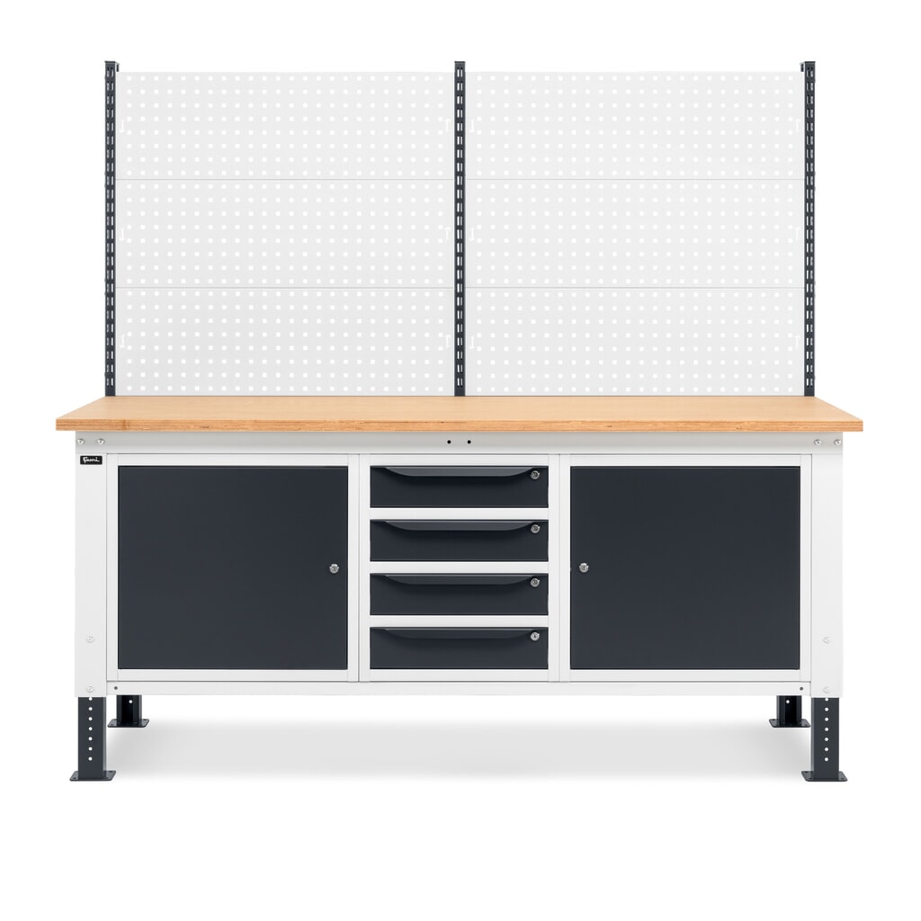 Fami pracovný stôl, výškovo nastaviteľná, s multifunkčnou stenou, 4 zásuvky a 2 skrinky, nosnosť 1 000 kg, V x Š x H 740-1,110 x 2 000 x 750 mm, RAL 7035 svetlošedá/RAL 7016 antracitovo šedá Číslo obrázka výrobku 3: Fami pracovný stôl, výškovo nastaviteľná, s multifunkčnou stenou, 4 zásuvky a 2 skrinky, nosnosť 1 000 kg, V x Š x H 740-1,110 x 2 000 x 750 mm, RAL 7035 svetlošedá/RAL 7016 antracitovo šedá