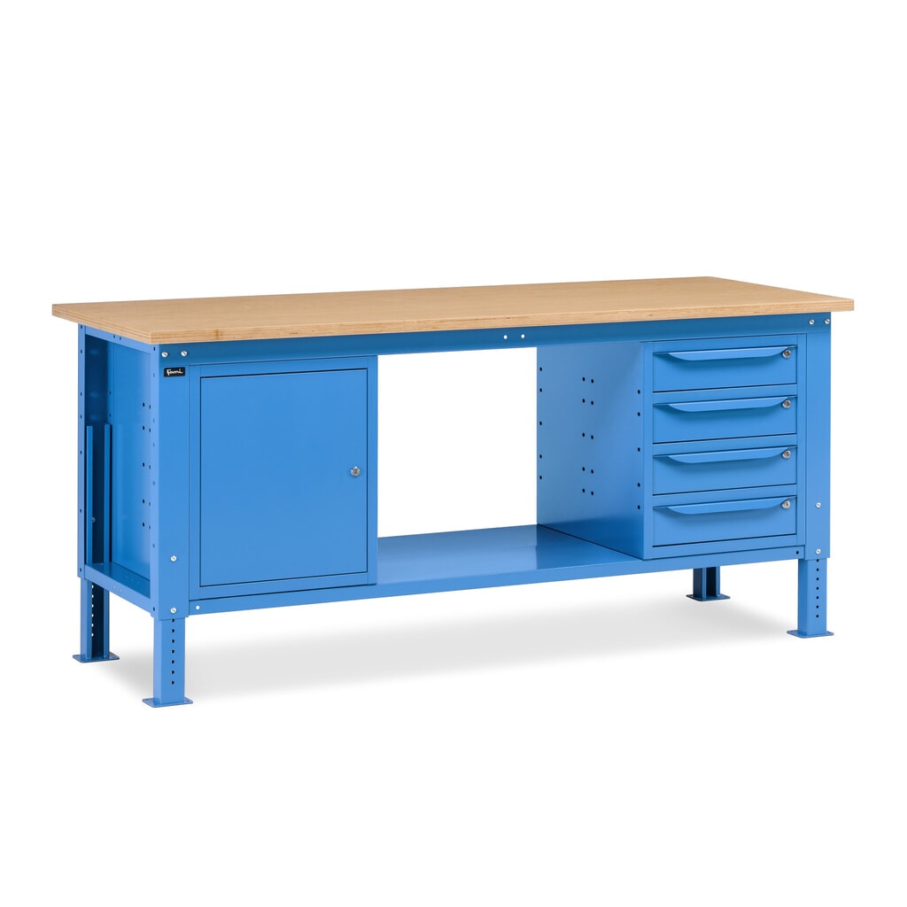 Fami pracovný stôl, výškovo nastaviteľná, 4 zásuvky a 1 skrinka, nosnosť 1 000 kg, V x Š x H 740-1,110 x 2 000 x 750 mm, RAL 5012 svetlomodrá Obrázok výrobku: Fami pracovný stôl, výškovo nastaviteľná, 4 zásuvky a 1 skrinka, nosnosť 1 000 kg, V x Š x H 740-1,110 x 2 000 x 750 mm, RAL 5012 svetlomodrá