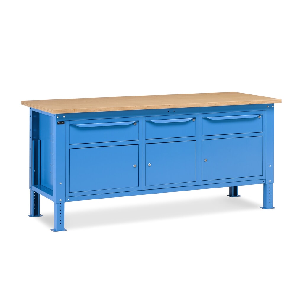 Fami pracovný stôl, výškovo nastaviteľný, 3 zásuvky a 3 skrinky, nosnosť 1 000 kg, V x Š x H 740-1,110 x 2 000 x 750 mm, RAL 5012 svetlomodrá Obrázok výrobku: Fami pracovný stôl, výškovo nastaviteľný, 3 zásuvky a 3 skrinky, nosnosť 1 000 kg, V x Š x H 740-1,110 x 2 000 x 750 mm, RAL 5012 svetlomodrá