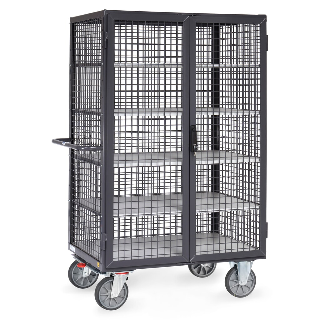 Fetra® ESD skrinkový vozík, nosnosť 750 kg, mrežové steny, s dvojkrídlovými dverami, 5 vrstiev 1 000 x 680 mm Obrázok výrobku: Fetra® ESD skrinkový vozík, nosnosť 750 kg, mrežové steny, s dvojkrídlovými dverami, 5 vrstiev 1 000 x 680 mm