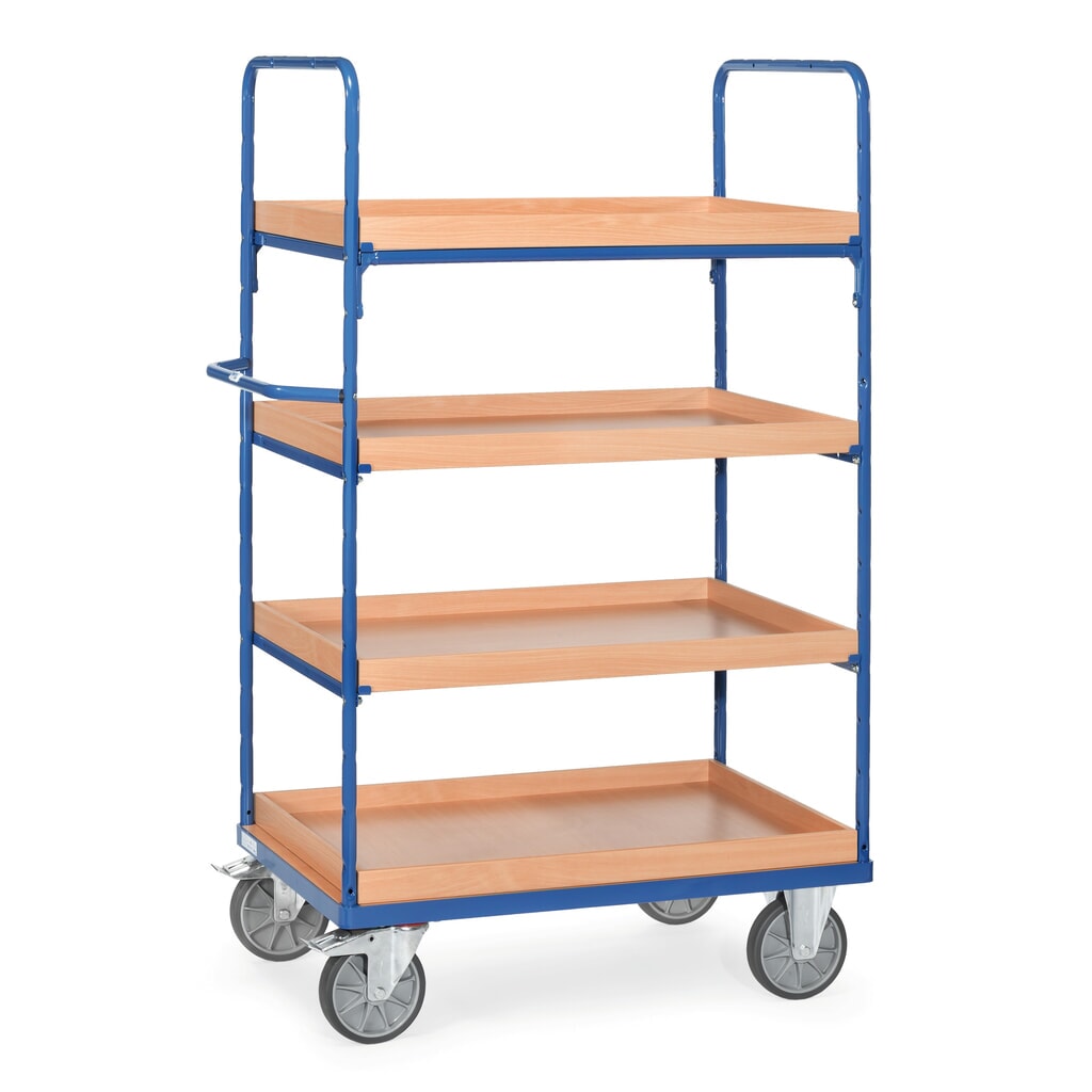 Obrázok výrobku: policový vozík fetra® s úložnými krabicami, 4 úrovne 1,000 x 700 mm, výška 1,800 mm