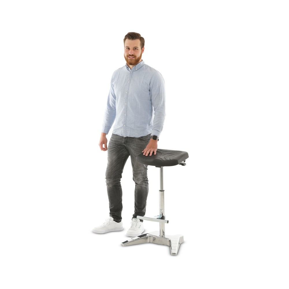 Číslo obrázka výrobku 4: XXL pomôcka na státie HEMMDAL, extra široké PU sedadlo a nosná rukoväť, výška sedadla 700 – 880 mm, opierka na chodidlo
