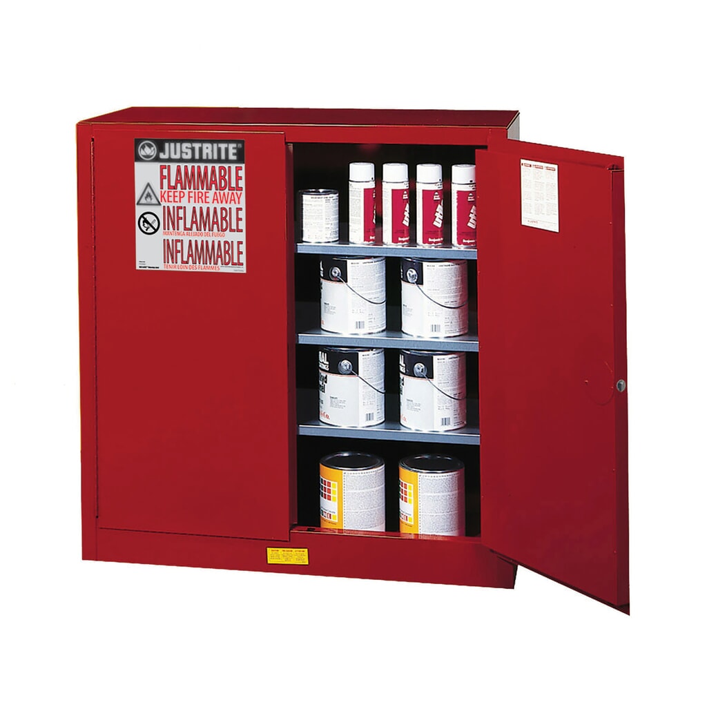 Číslo obrázka výrobku 2: Justrite® protipožiarná skriňa Classic Sure-Grip® FM pre horľavé látky, v × š × h 1120 × 1090 × 460 mm, samozatváracie