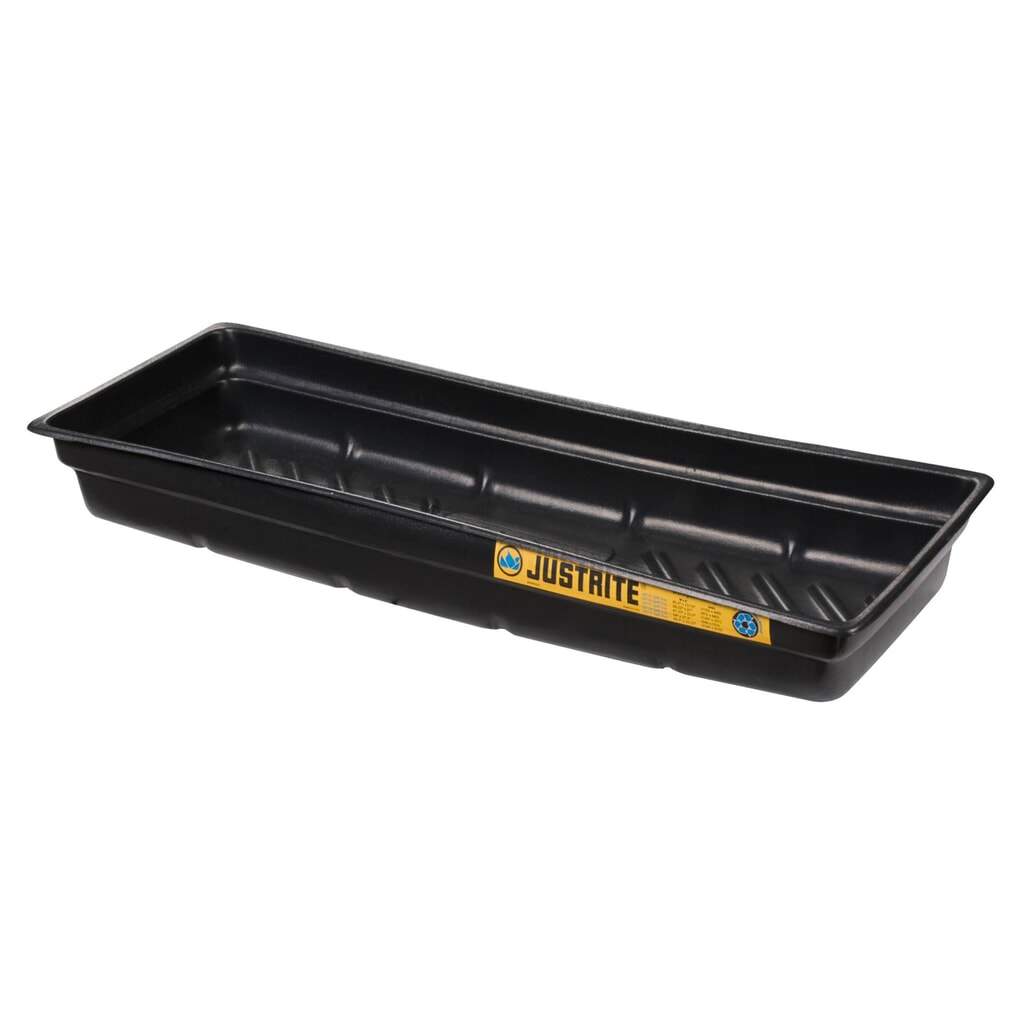 Obrázok výrobku: Justrite® mini záchytná vaňa z PE, protišmyčné rebrované dno, vnútorné rozmery 117 × 41 cm, kapacita 45 l