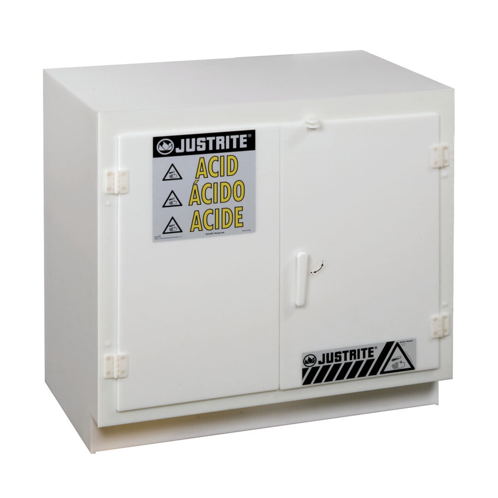 Číslo obrázka výrobku 1: Justrite® PE chemická skriňa, v × š × h 910 × 910 × 550 mm, 1 nastaviteľná polica, manuálne zatváranie