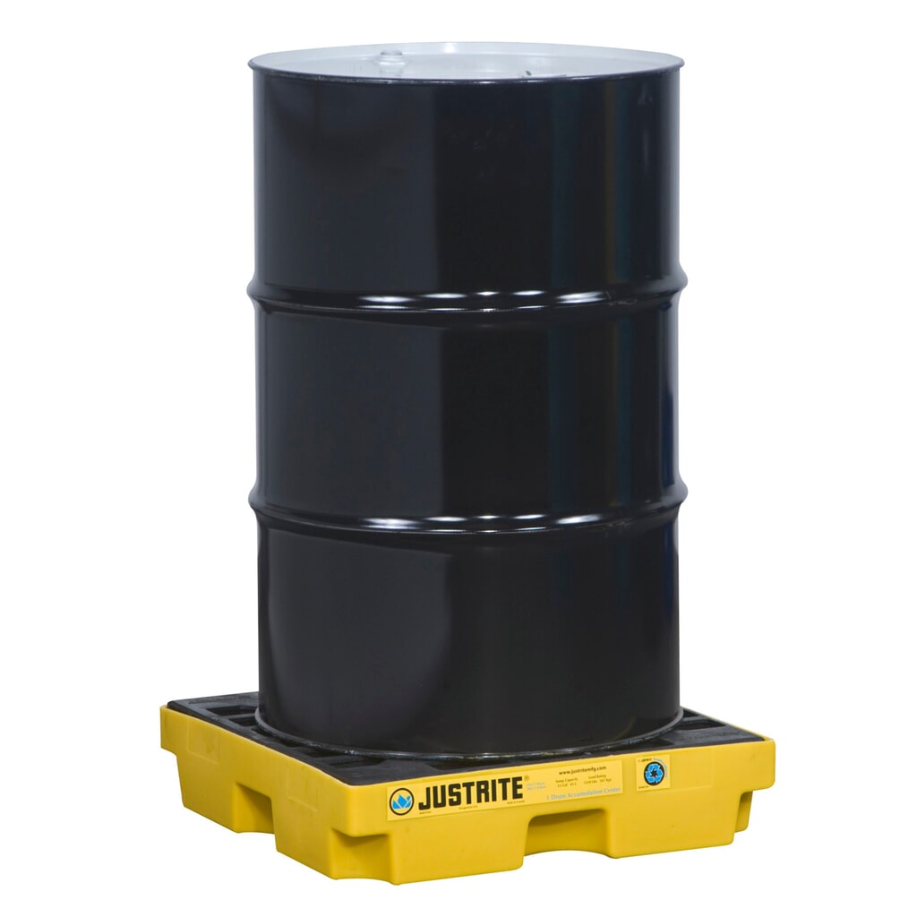 Justrite® plochá záchytná vaňa z PE, pre 1 sud s objemom 200 l, záchytný objem 45 l, žltá Obrázok výrobku: Justrite® plochá záchytná vaňa z PE, pre 1 sud s objemom 200 l, záchytný objem 45 l, žltá