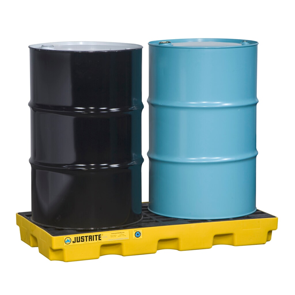 Justrite® plochá záchytná vaňa z PE, pre 2 sudy s objemom 200 l, záchytný objem 90 l, žltá Obrázok výrobku: Justrite® plochá záchytná vaňa z PE, pre 2 sudy s objemom 200 l, záchytný objem 90 l, žltá