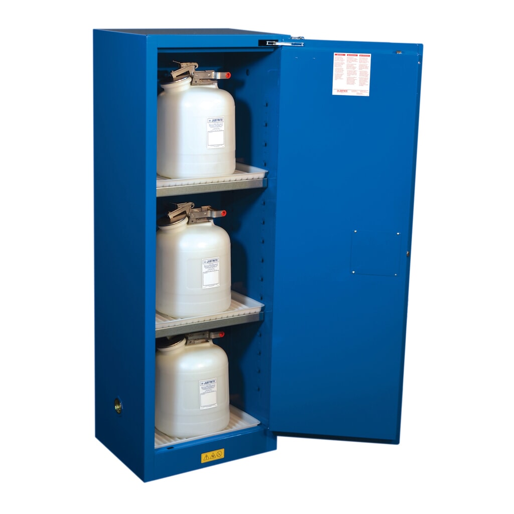 Číslo obrázka výrobku 2: Justrite® protipožiarná skriňa Slimline Sure-Grip® FM, pre leptadlá, v × š × h 1650 × 590 × 460 mm, 3 police, samozatváracia