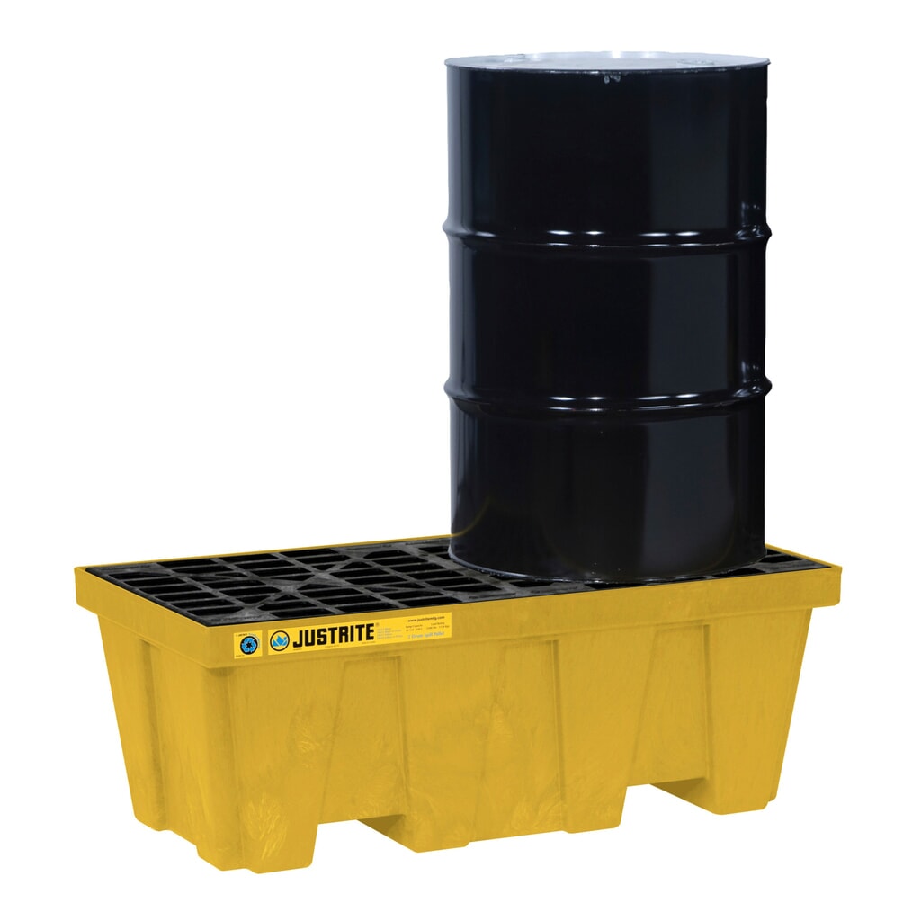 Obrázok výrobku: Justrite® záchytná vaňa zo 100 % recyklovaného plastu, pre 2 sudy s objemom 200 l, záchytný objem 250 l, žltá