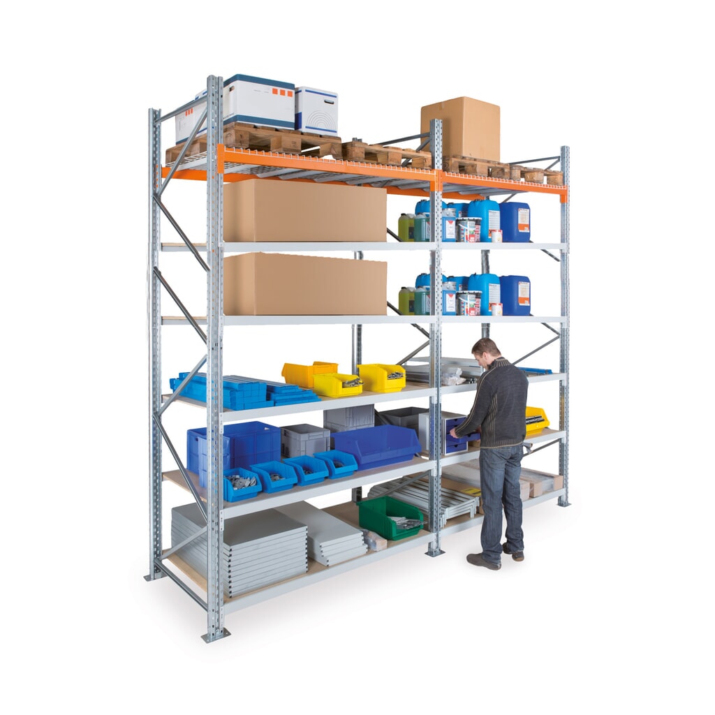Kompletný balík hybridného regála ManOrga, široký a paletový regál XXL, v × š × h 3 000 × 10 800 × 1 100 mm Číslo obrázka výrobku 6: Kompletný balík hybridného regála ManOrga, široký a paletový regál XXL, v × š × h 3 000 × 10 800 × 1 100 mm