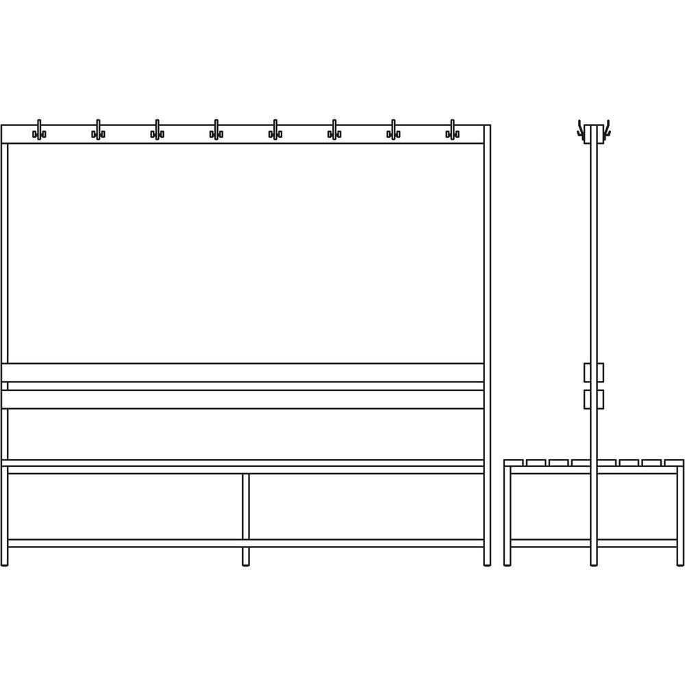 Číslo obrázka výrobku 2: Lavica do šatne HEMMDAL HUB-1, 2-stranná, s lištou s hákmi a topánkovým roštom, dĺžka 2 000 mm