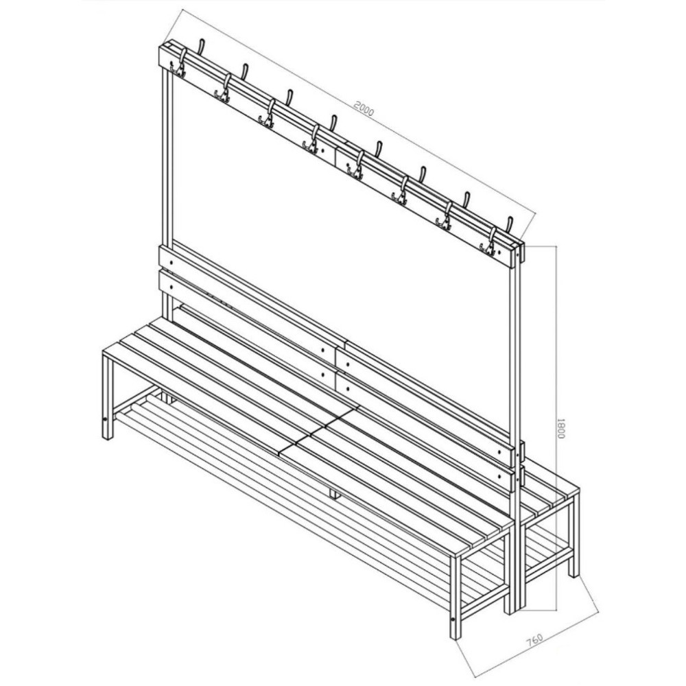 Číslo obrázka výrobku 3: Lavica do šatne HEMMDAL HUB-1, 2-stranná, s lištou s hákmi a topánkovým roštom, dĺžka 2 000 mm