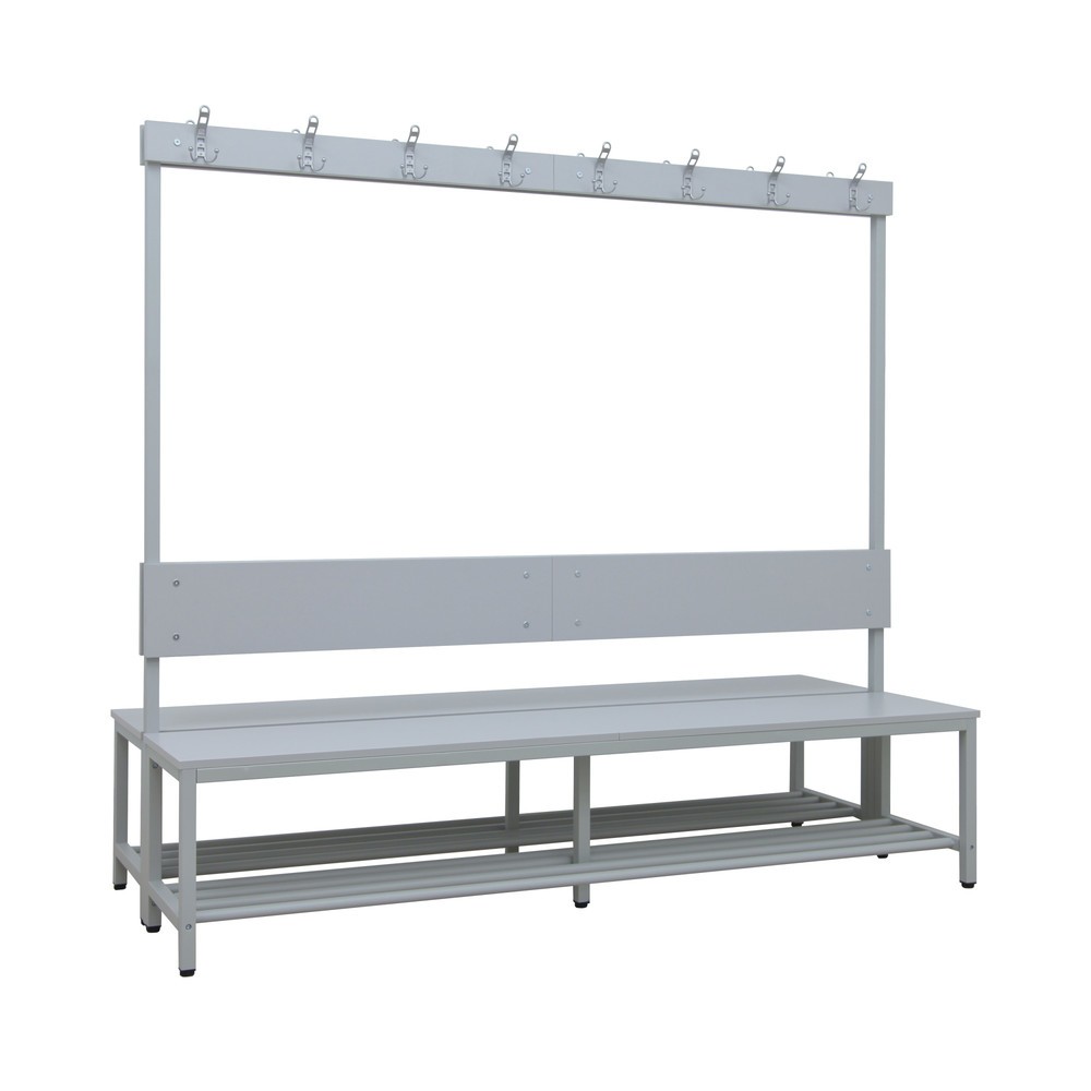 Číslo obrázka výrobku 1: Lavica do šatne HEMMDAL HUB-1, 2-stranná, s lištou s hákmi a topánkovým roštom, dĺžka 2 000 mm