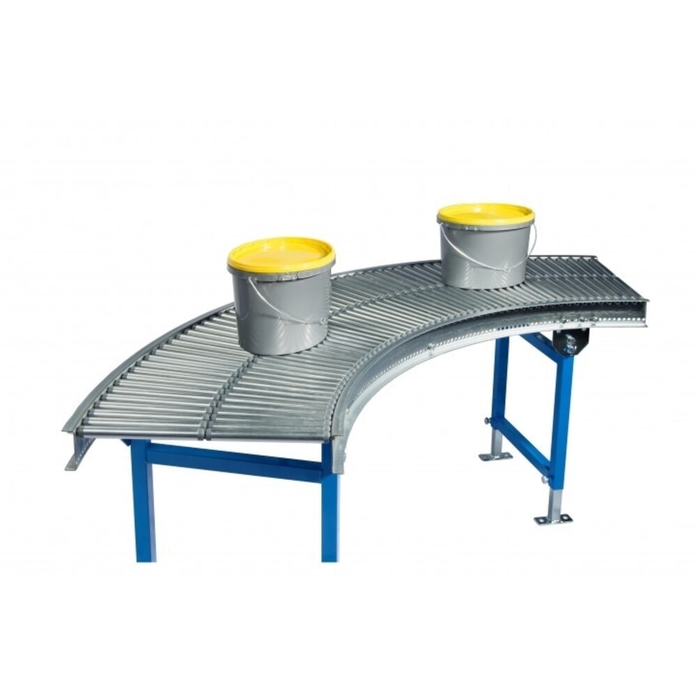 Číslo obrázka výrobku 2: Malý valčekový dopravník, oceľové valce, 90° krivka, šírka pásu 500 mm, stredová vzdialenosť 25 mm