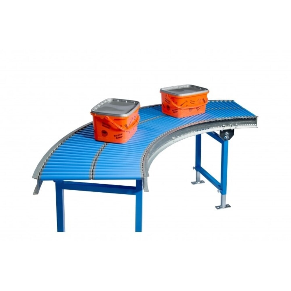 Číslo obrázka výrobku 2: Malý valčekový dopravník, plastové valce, 90° krivka, pružinová náprava, Ø 20 mm, šírka 300 mm