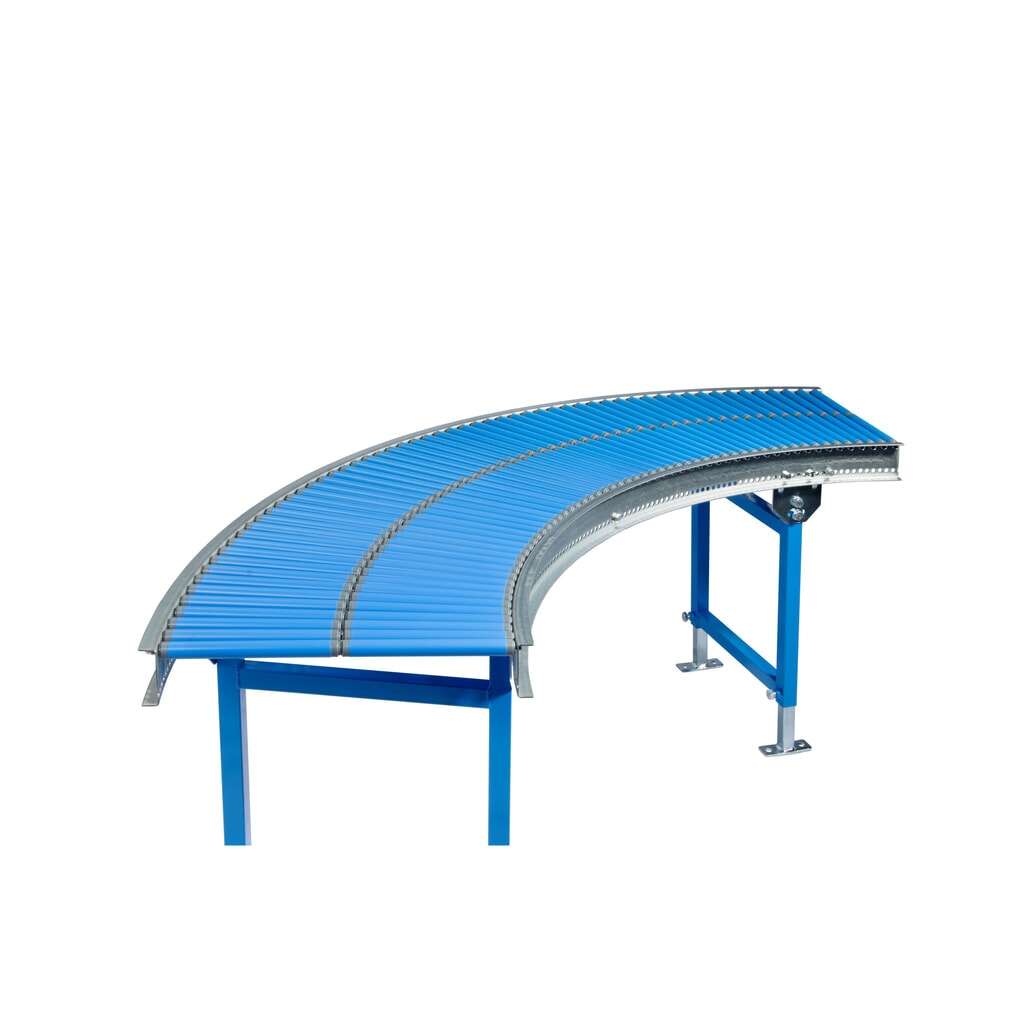 malý valčekový dopravník, plastové valčeky, 90° krivka, pružinová náprava, priemer 20 mm, šírka 200 mm Obrázok výrobku: malý valčekový dopravník, plastové valčeky, 90° krivka, pružinová náprava, priemer 20 mm, šírka 200 mm